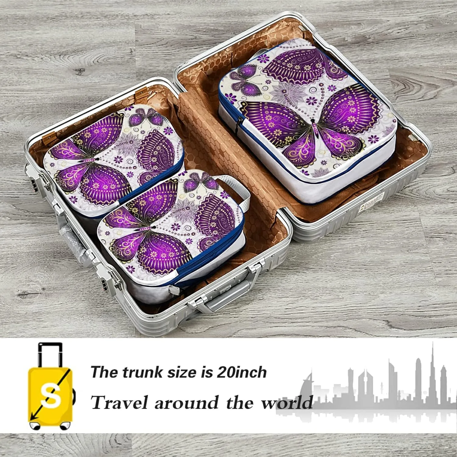 Seamless Purple Gold Butterflies and Floral Flowers on White 3 Piece set Cubes Expandable Adjustable Luggage Packing Bags, Ultralight Organizer Accessories Travel Suitcase Compressible Bags