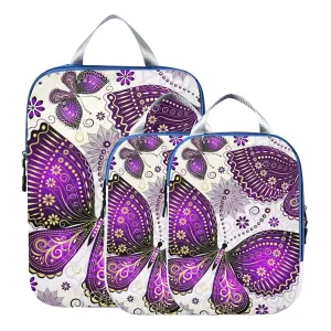 Seamless Purple Gold Butterflies and Floral Flowers on White 3 Piece set Cubes Expandable Adjustable Luggage Packing Bags, Ultralight Organizer Accessories Travel Suitcase Compressible Bags