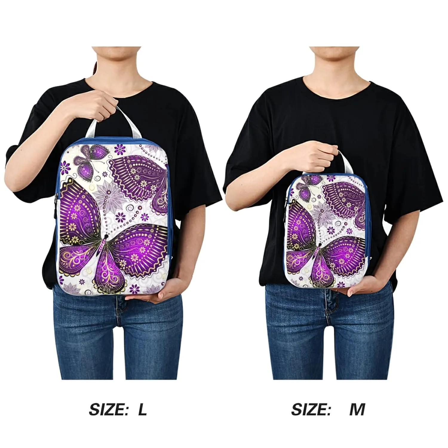 Seamless Purple Gold Butterflies and Floral Flowers on White 3 Piece set Cubes Expandable Adjustable Luggage Packing Bags, Ultralight Organizer Accessories Travel Suitcase Compressible Bags
