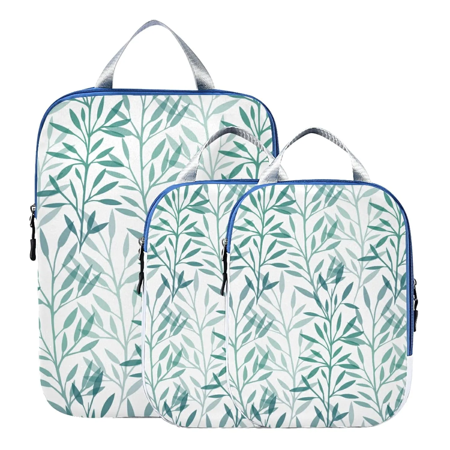 Seamless Texture with Green Transparent Leaves and Branches on White 3 Piece set Cubes Expandable Adjustable Luggage Packing Bags, Ultralight Organizer Accessories Travel Suitcase Compressible Bags