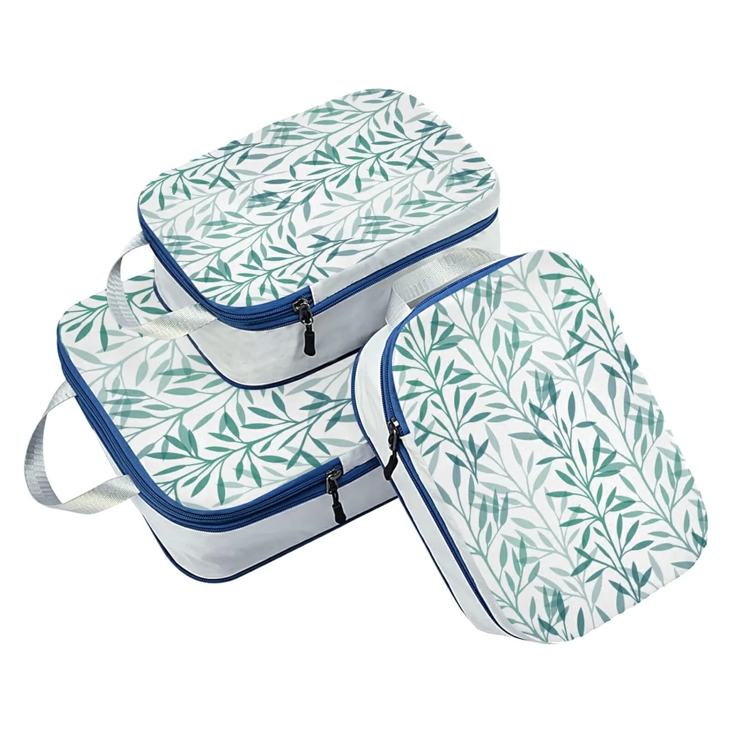 Seamless Texture with Green Transparent Leaves and Branches on White 3 Piece set Cubes Expandable Adjustable Luggage Packing Bags, Ultralight Organizer Accessories Travel Suitcase Compressible Bags