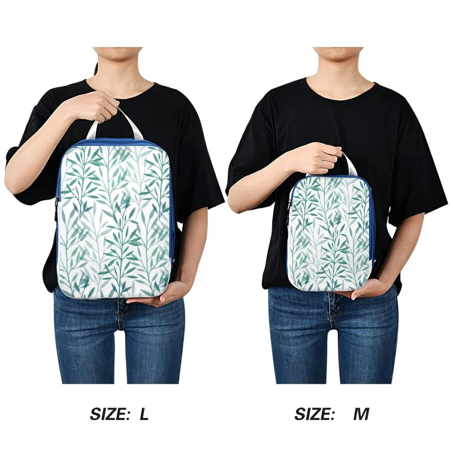 Seamless Texture with Green Transparent Leaves and Branches on White 3 Piece set Cubes Expandable Adjustable Luggage Packing Bags, Ultralight Organizer Accessories Travel Suitcase Compressible Bags