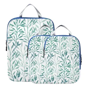 Seamless Texture with Green Transparent Leaves and Branches on White 3 Piece set Cubes Expandable Adjustable Luggage Packing Bags, Ultralight Organizer Accessories Travel Suitcase Compressible Bags
