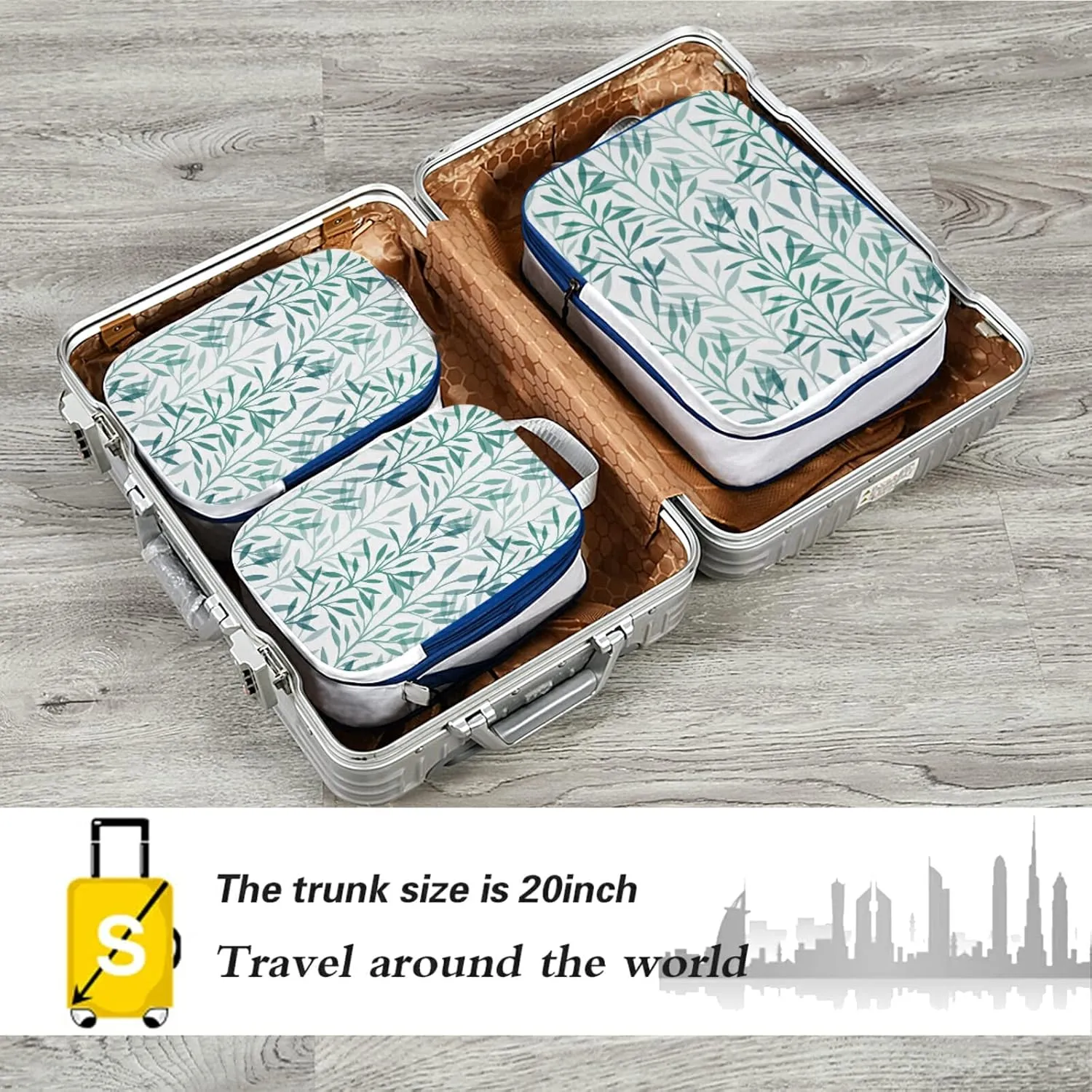 Seamless Texture with Green Transparent Leaves and Branches on White 3 Piece set Cubes Expandable Adjustable Luggage Packing Bags, Ultralight Organizer Accessories Travel Suitcase Compressible Bags