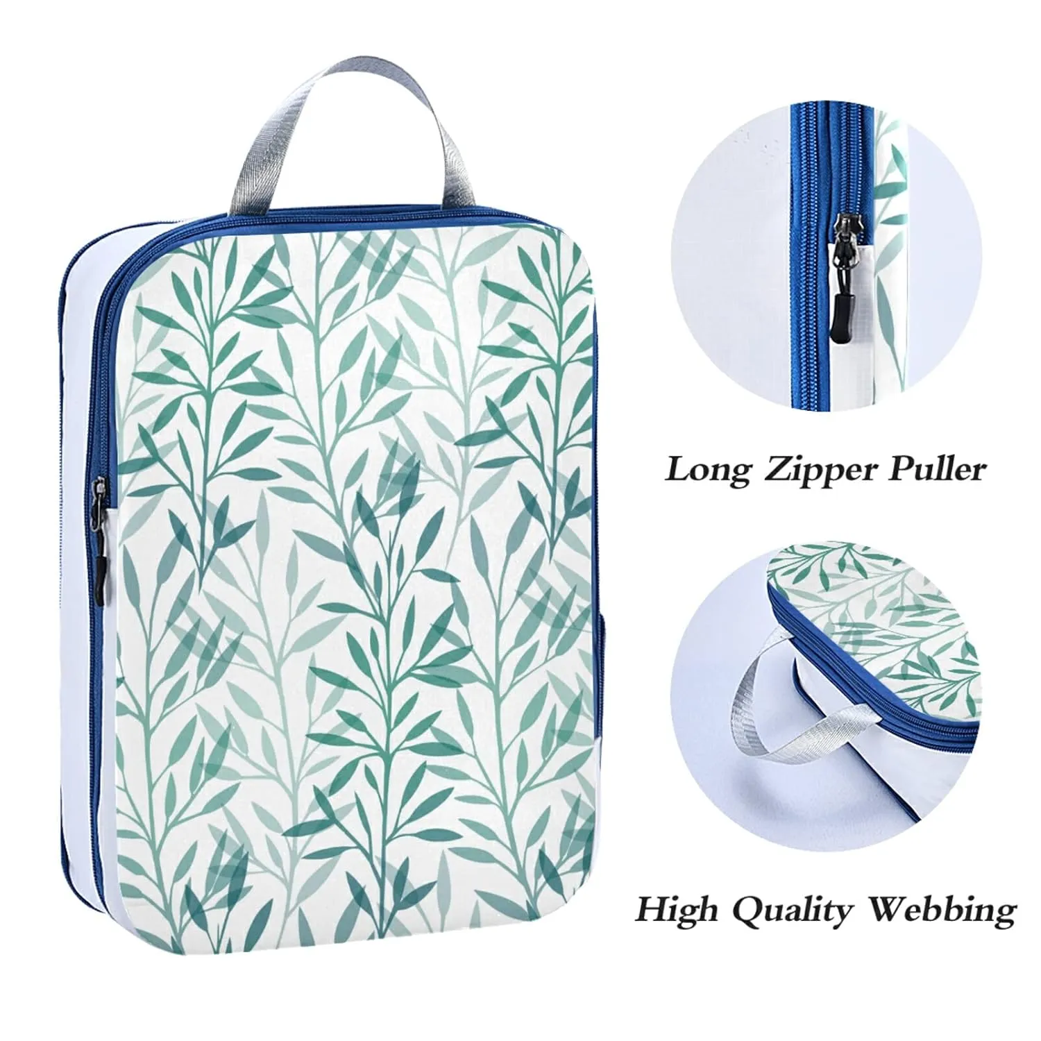 Seamless Texture with Green Transparent Leaves and Branches on White 3 Piece set Cubes Expandable Adjustable Luggage Packing Bags, Ultralight Organizer Accessories Travel Suitcase Compressible Bags