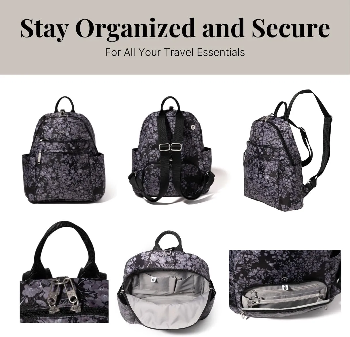 Securtex® Anti-theft Vacation Travel Backpack 10x13" Slash-Resistant Nylon Daypack w/RFID, Black Hydrangea