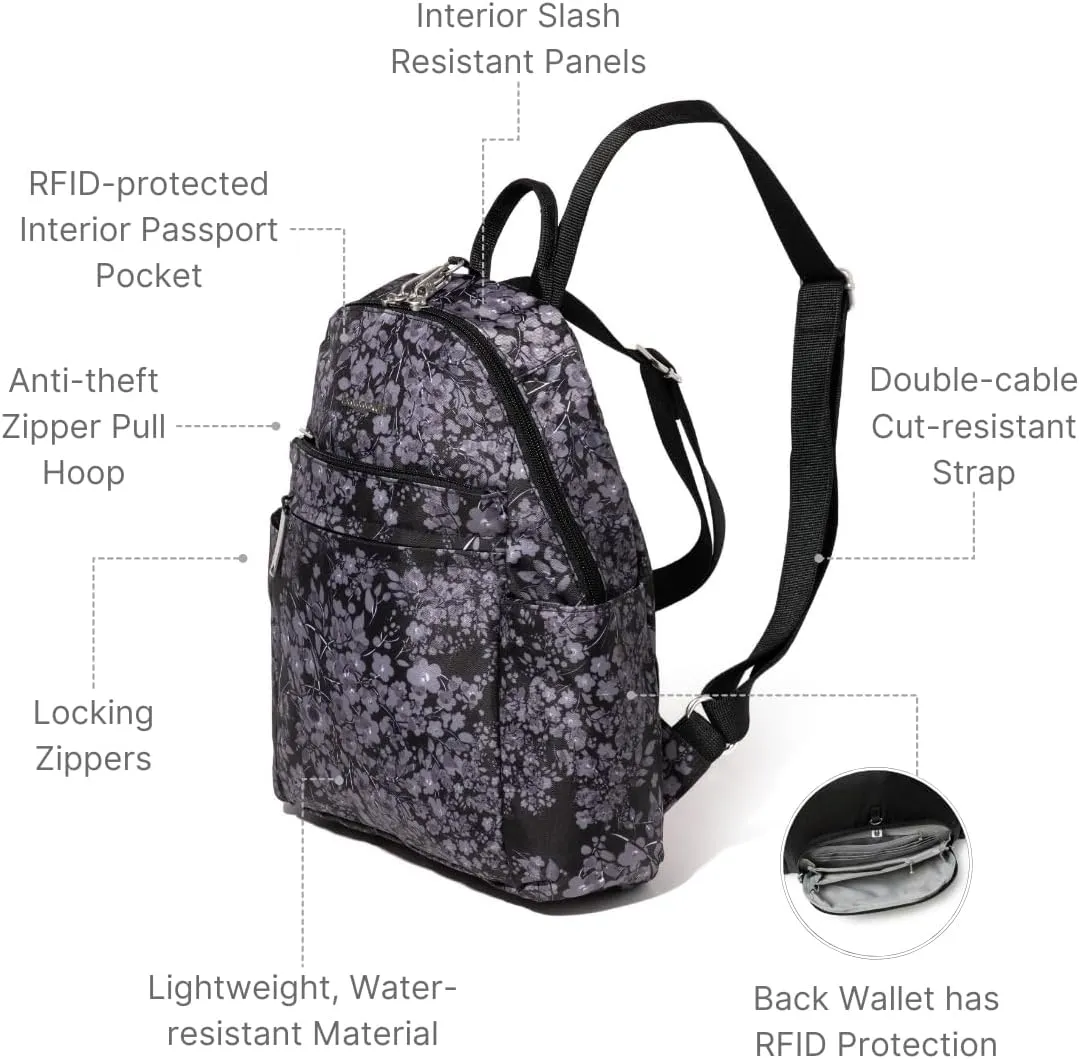Securtex® Anti-theft Vacation Travel Backpack 10x13" Slash-Resistant Nylon Daypack w/RFID, Black Hydrangea