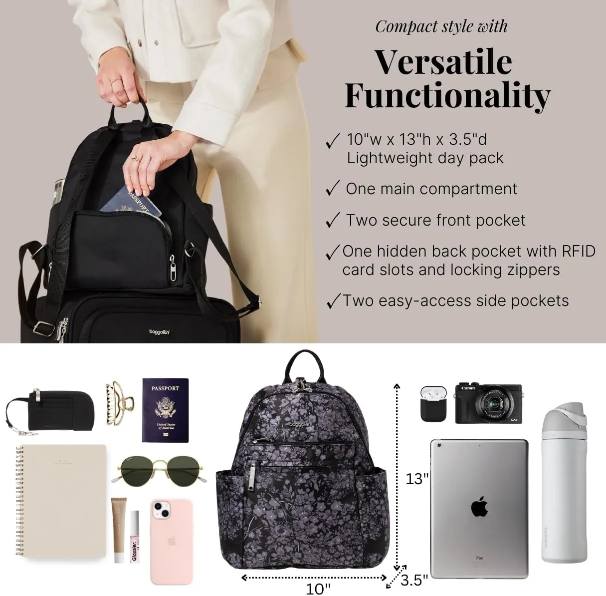 Securtex® Anti-theft Vacation Travel Backpack 10x13" Slash-Resistant Nylon Daypack w/RFID, Black Hydrangea