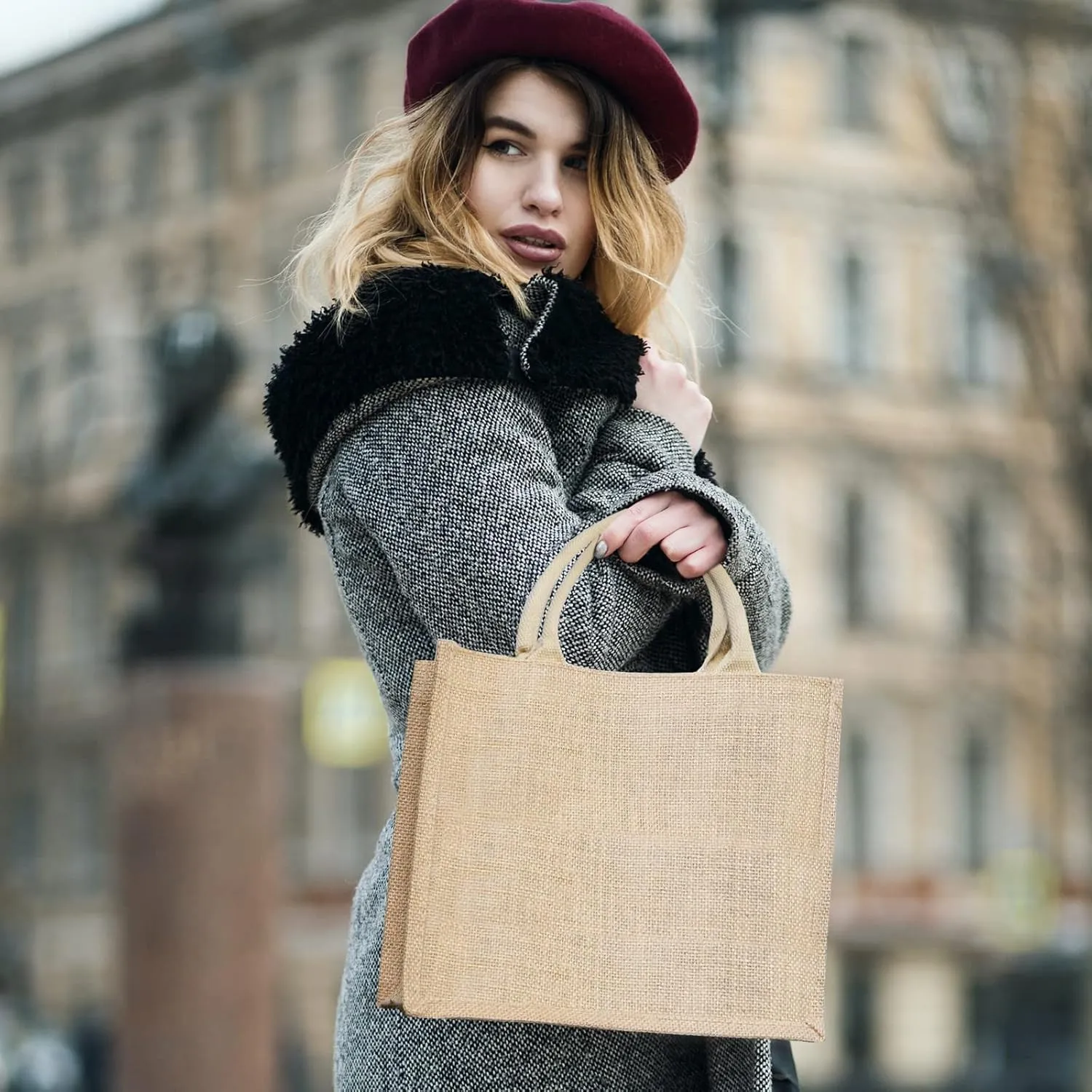 Segarty Jute Tote Bags, 1 Pack Small Burlap Jute Reusable Canvas Gift Favors Bag with Handles Blank Tote Bulk for Bridesmaid Wedding, Women Grocery Shopping, Bachelorette Party, Beach Trip, DIY