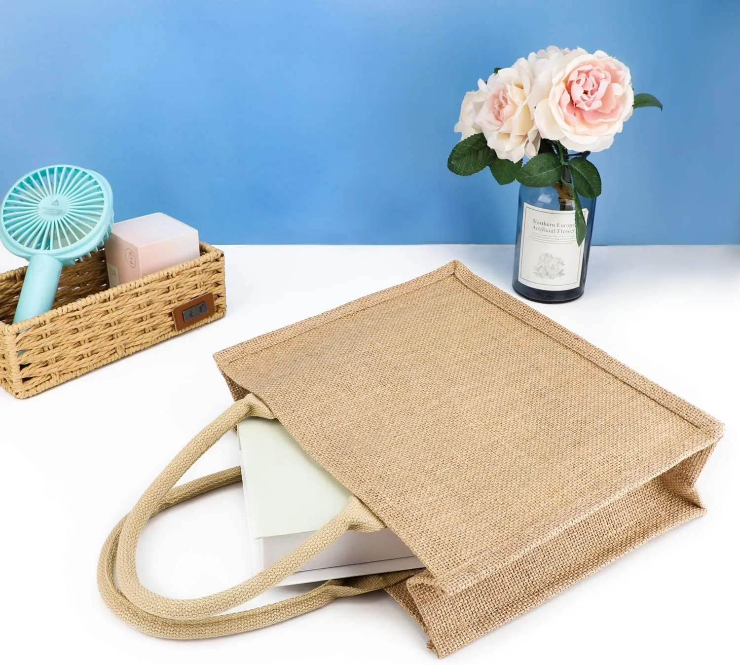 Segarty Jute Tote Bags, 1 Pack Small Burlap Jute Reusable Canvas Gift Favors Bag with Handles Blank Tote Bulk for Bridesmaid Wedding, Women Grocery Shopping, Bachelorette Party, Beach Trip, DIY