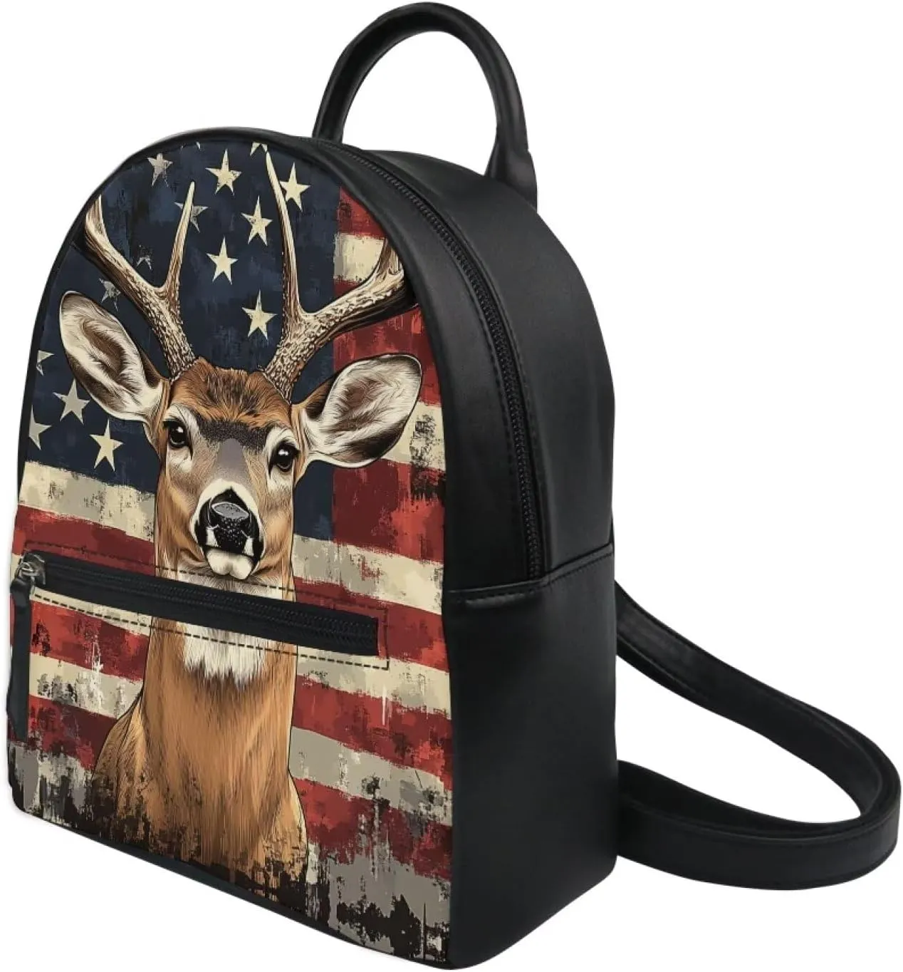 Showudesigns American Flag Deer Purse for Women Backpack Purses Leather Mini Handbag for Teen Girls Travel Shoulder Bags Patriotic Casual Daypack with Zipper Back Pack