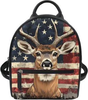 Showudesigns American Flag Deer Purse for Women Backpack Purses Leather Mini Handbag for Teen Girls Travel Shoulder Bags Patriotic Casual Daypack with Zipper Back Pack
