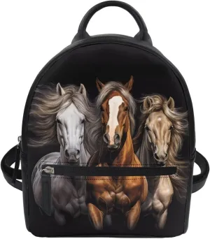 Showudesigns Horse Backpack Purse for Women Leather Shoulder Bags Casual Daypack Zipper Tote Bag for Teen Girls Rucksack for Work Hiking Travel Daily Use Black