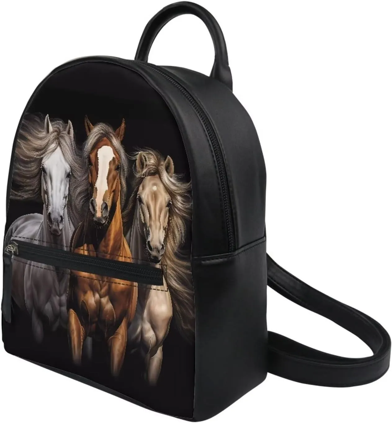 Showudesigns Horse Backpack Purse for Women Leather Shoulder Bags Casual Daypack Zipper Tote Bag for Teen Girls Rucksack for Work Hiking Travel Daily Use Black