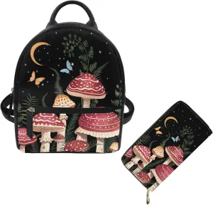 Showudesigns Mushroom Mini Backpack Purse Set for Women Teen Girls Shoulder Bag Butterfly Moon Night Daypack Small Travel Shopping Bag Handbag Tote Black 2 Pack Wallets