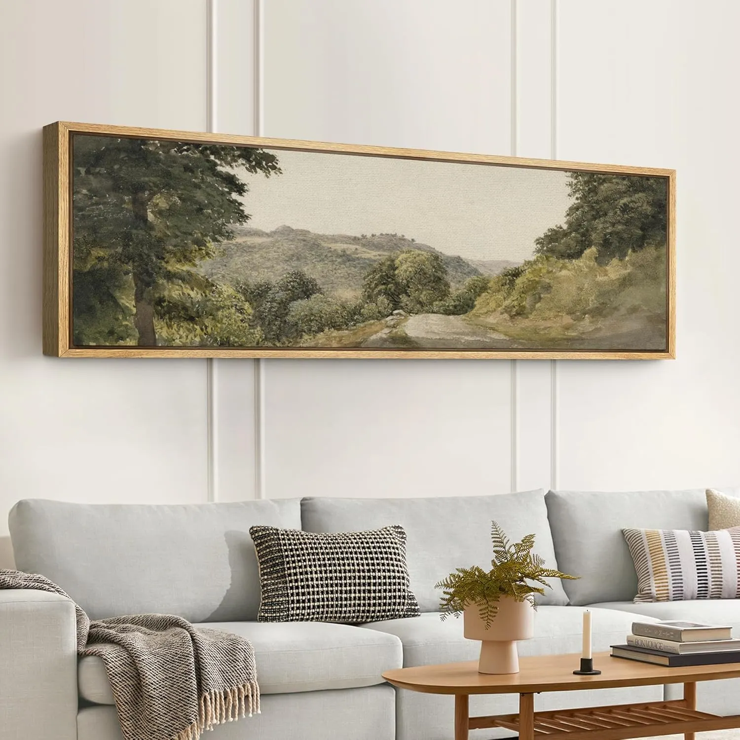 SIGNFORD Large Framed Canvas Print Wall Art Scenic Mountain Road Serene Green Landscape with Tree-Lined Path Illustrations Modern Art Calm Warm for Living Room, Bedroom, Office - 60"x20"