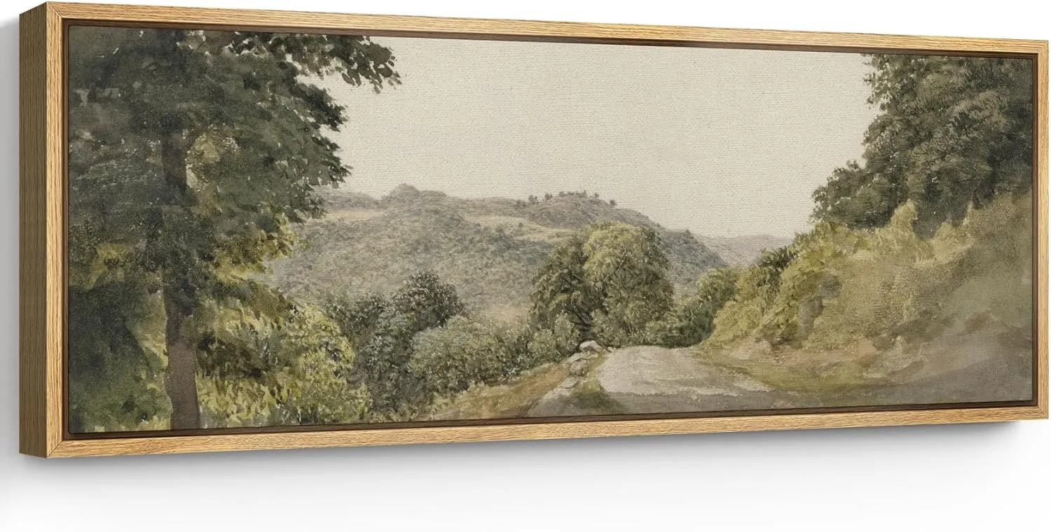 SIGNFORD Large Framed Canvas Print Wall Art Scenic Mountain Road Serene Green Landscape with Tree-Lined Path Illustrations Modern Art Calm Warm for Living Room, Bedroom, Office - 60"x20"
