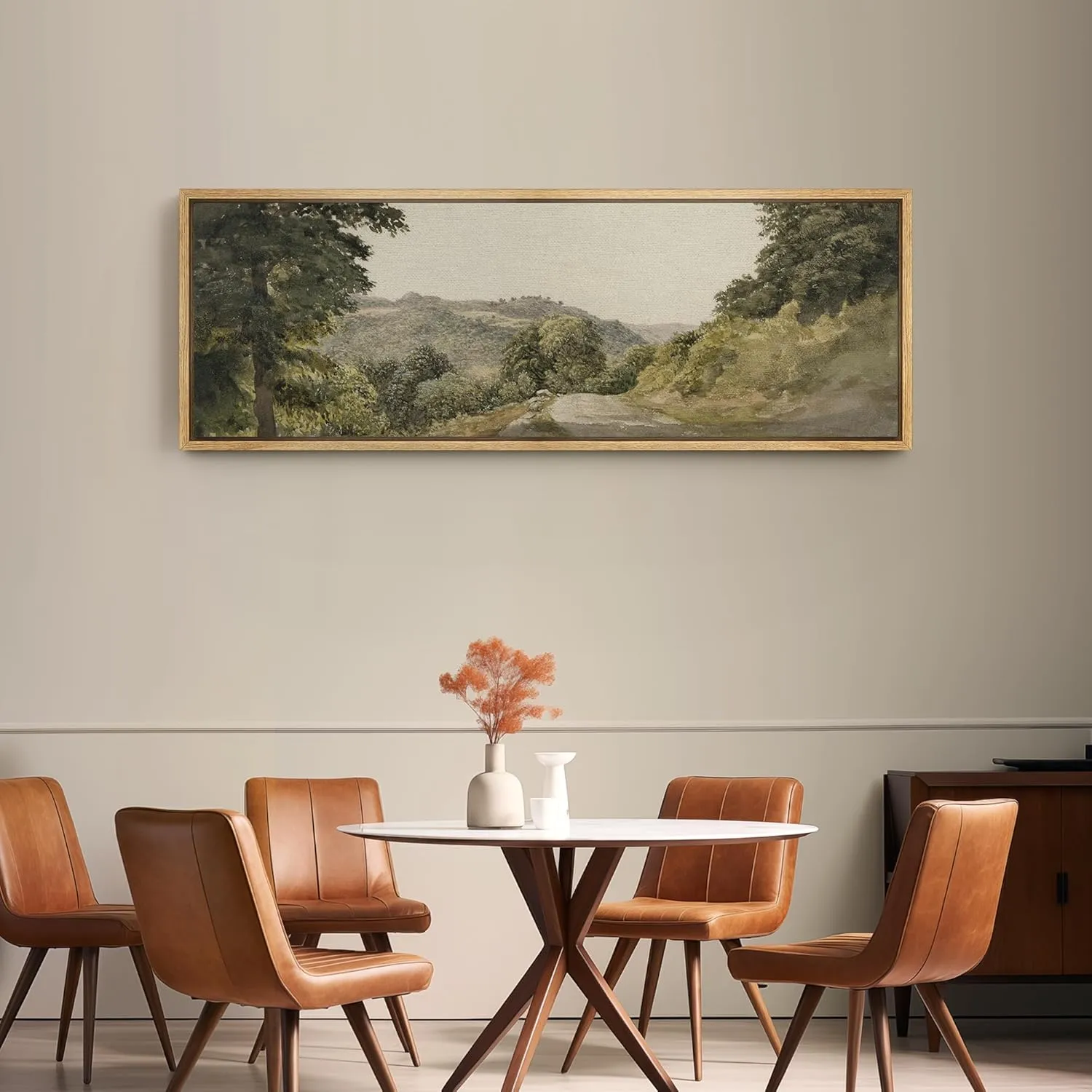 SIGNFORD Large Framed Canvas Print Wall Art Scenic Mountain Road Serene Green Landscape with Tree-Lined Path Illustrations Modern Art Calm Warm for Living Room, Bedroom, Office - 60"x20"