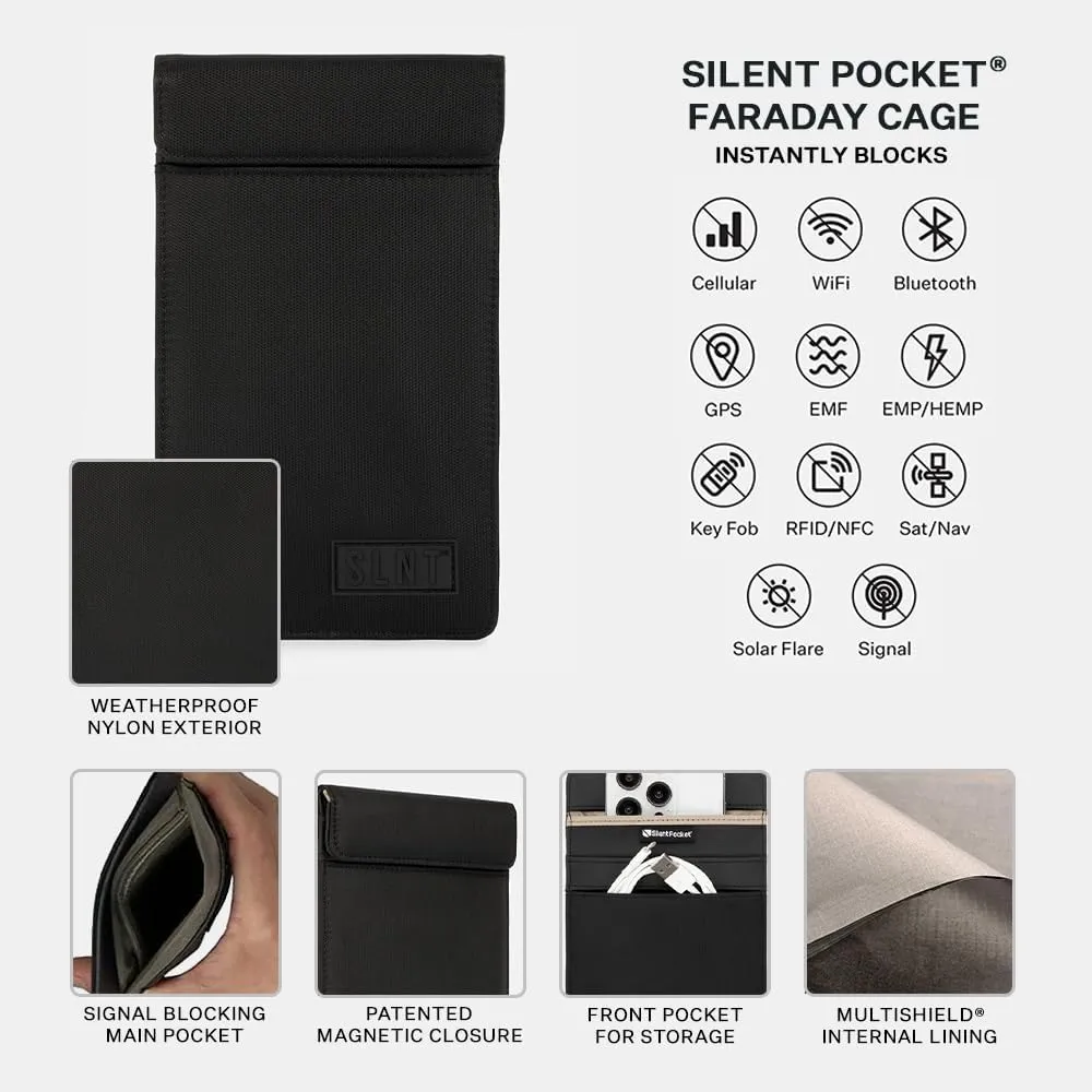 Silent Pocket SLNT Faraday Bag Smartphone Sleeve Leather or Weatherproof Nylon, Signal Blocking Device Shielding for iPhone, Galaxy, Most Phones, Privacy, Anti-Hacking (Black Nylon, Medium)