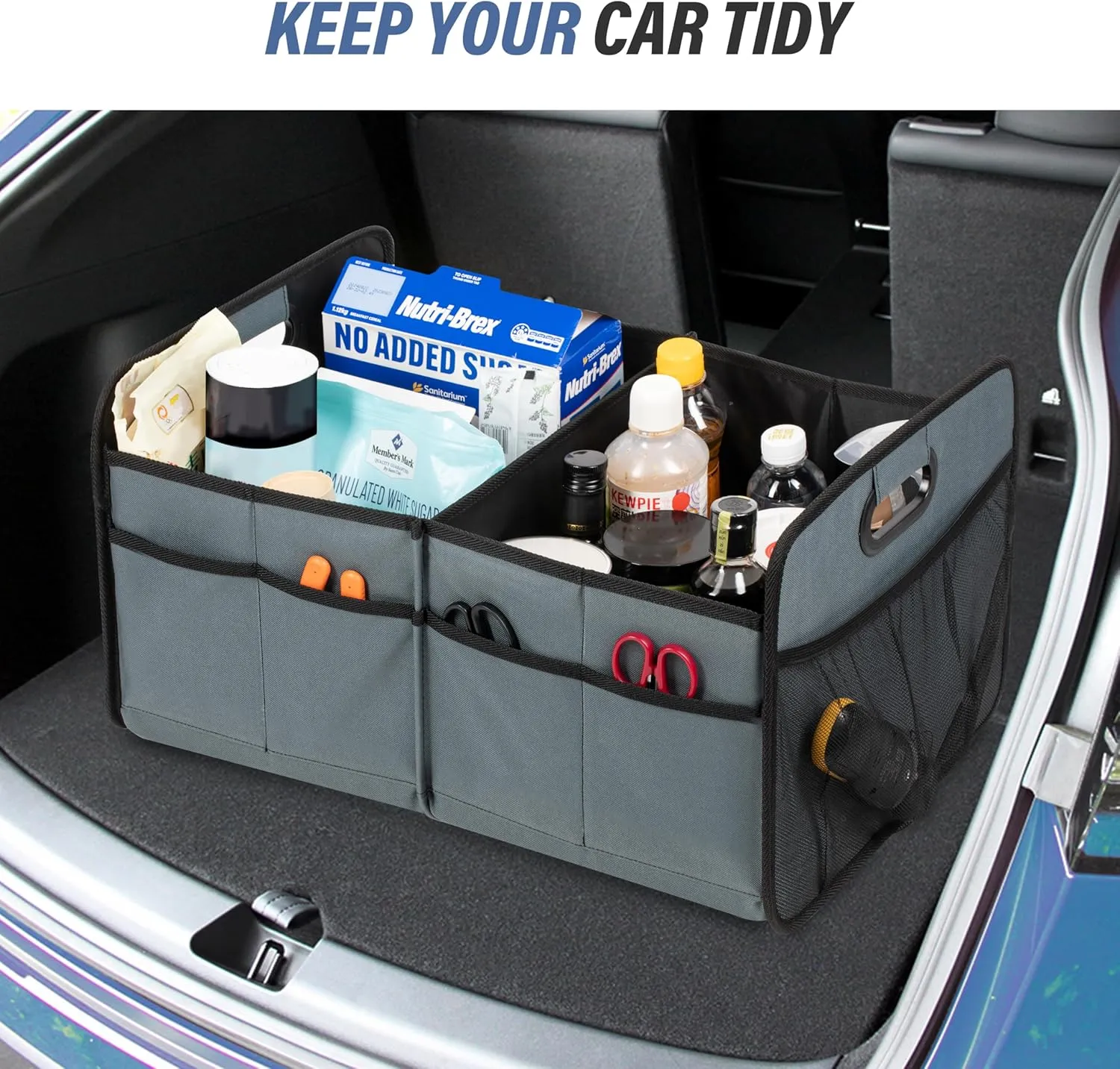 Simple Deluxe Car Trunk Organizer for SUV, Collapsible 2 Compartment 50L Automotive Storage Box with 5 Pocket, 600D Waterproof Oxford Polyester & Non Slip Bottom, Reinforced Handle, Grey-Green