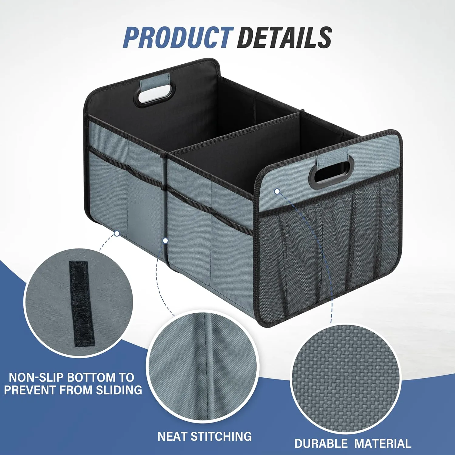 Simple Deluxe Car Trunk Organizer for SUV, Collapsible 2 Compartment 50L Automotive Storage Box with 5 Pocket, 600D Waterproof Oxford Polyester & Non Slip Bottom, Reinforced Handle, Grey-Green