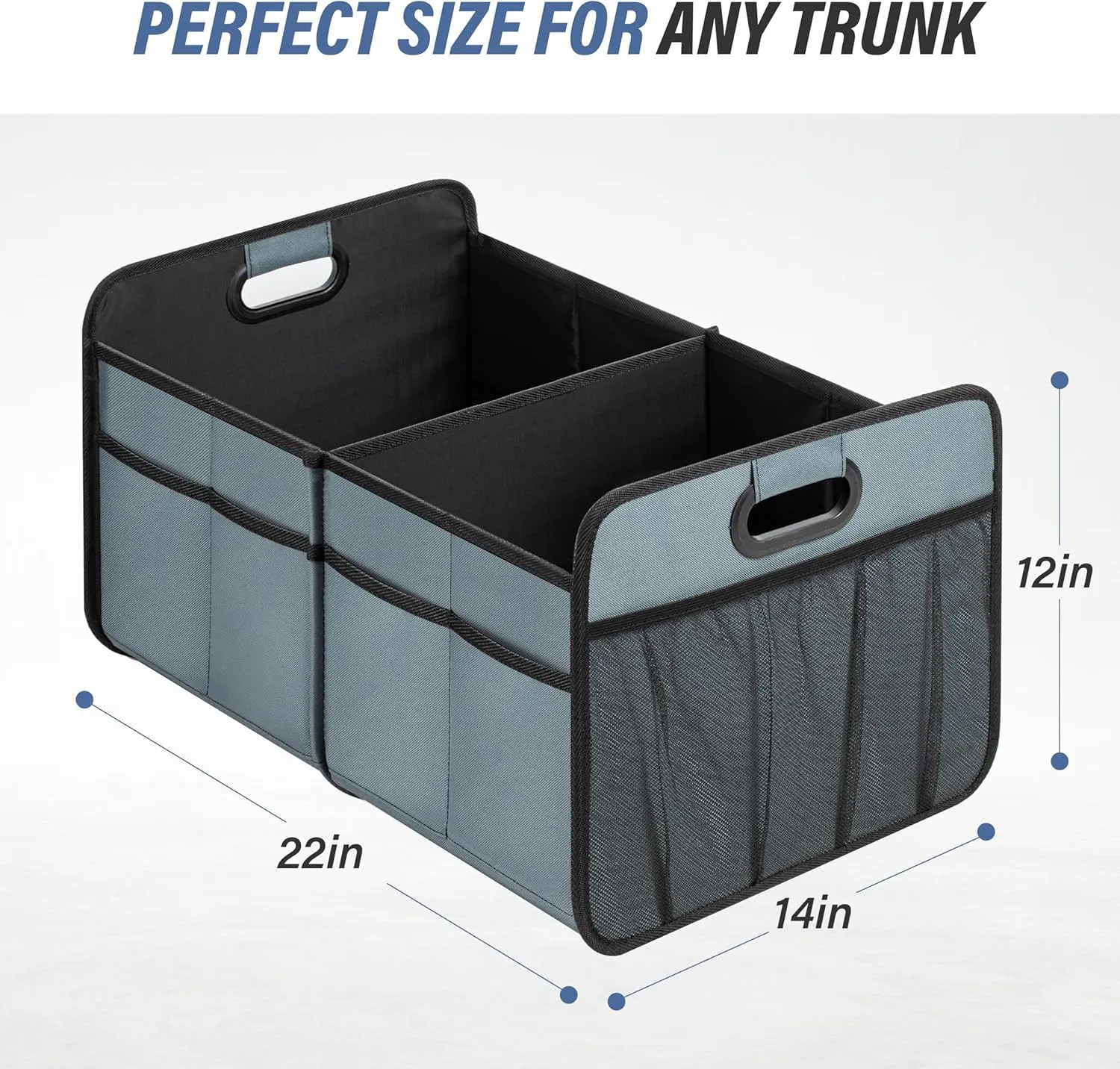 Simple Deluxe Car Trunk Organizer for SUV, Collapsible 2 Compartment 50L Automotive Storage Box with 5 Pocket, 600D Waterproof Oxford Polyester & Non Slip Bottom, Reinforced Handle, Grey-Green