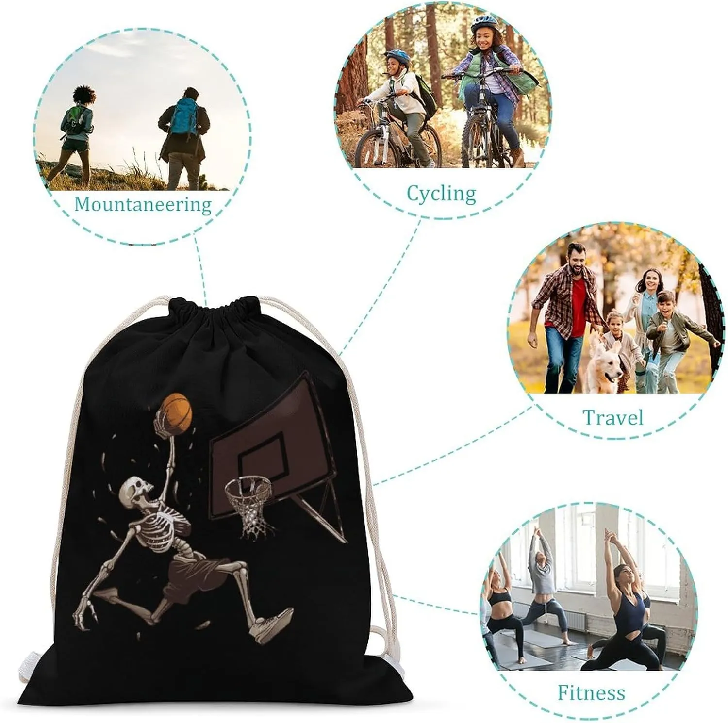Skeleton Basketball Slam Dunk Drawstring Backpack Lightweight Sports Gym Bag String Bag for Men Women 30x40cm