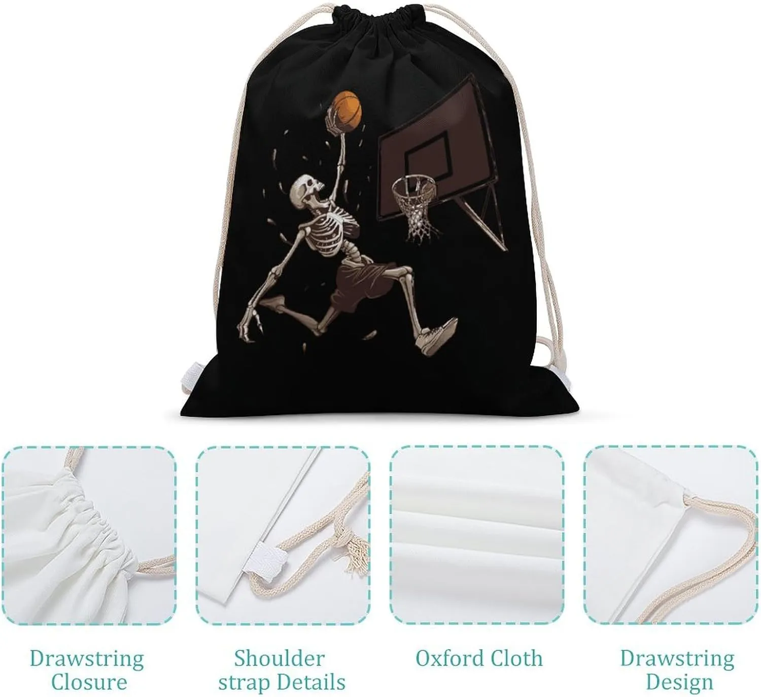 Skeleton Basketball Slam Dunk Drawstring Backpack Lightweight Sports Gym Bag String Bag for Men Women 30x40cm