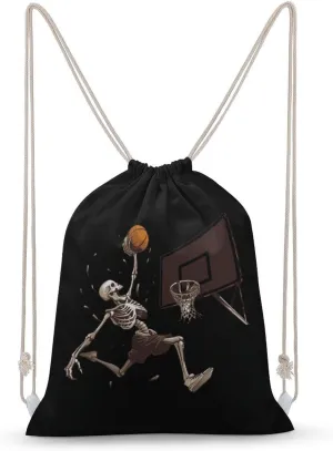 Skeleton Basketball Slam Dunk Drawstring Backpack Lightweight Sports Gym Bag String Bag for Men Women 30x40cm