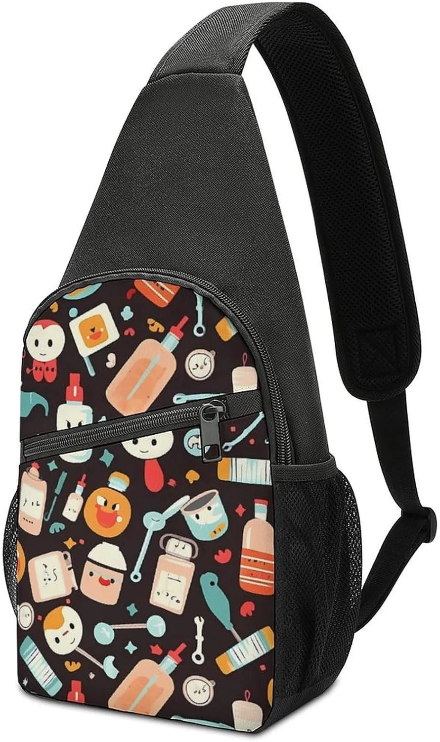 Sling Backpack for Women Men Crossbody Chest Bag Travel Cartoon Medicine Pattern Daypack Shoulder Bag for Hiking