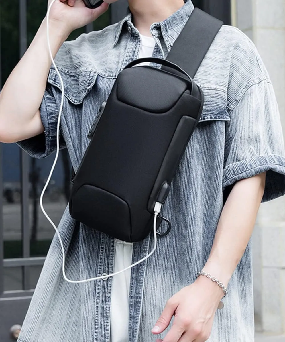 Sling Backpack USB Anti-Theft Waterproof Chest Daypack Casual Shoulder Bag (Black)