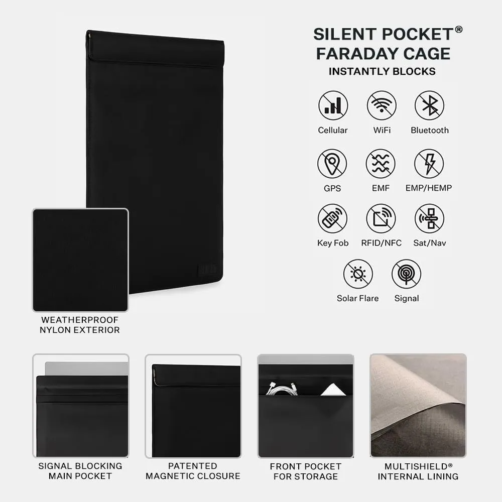 SLNT Weatherproof Nylon Faraday Bag with Silent Pocket Technology - Signal Blocking Device Vertical Sleeve for 13 inch & 15 inch Laptops and Tablets - Provides Instant Protection (Black Nylon, 15 in)