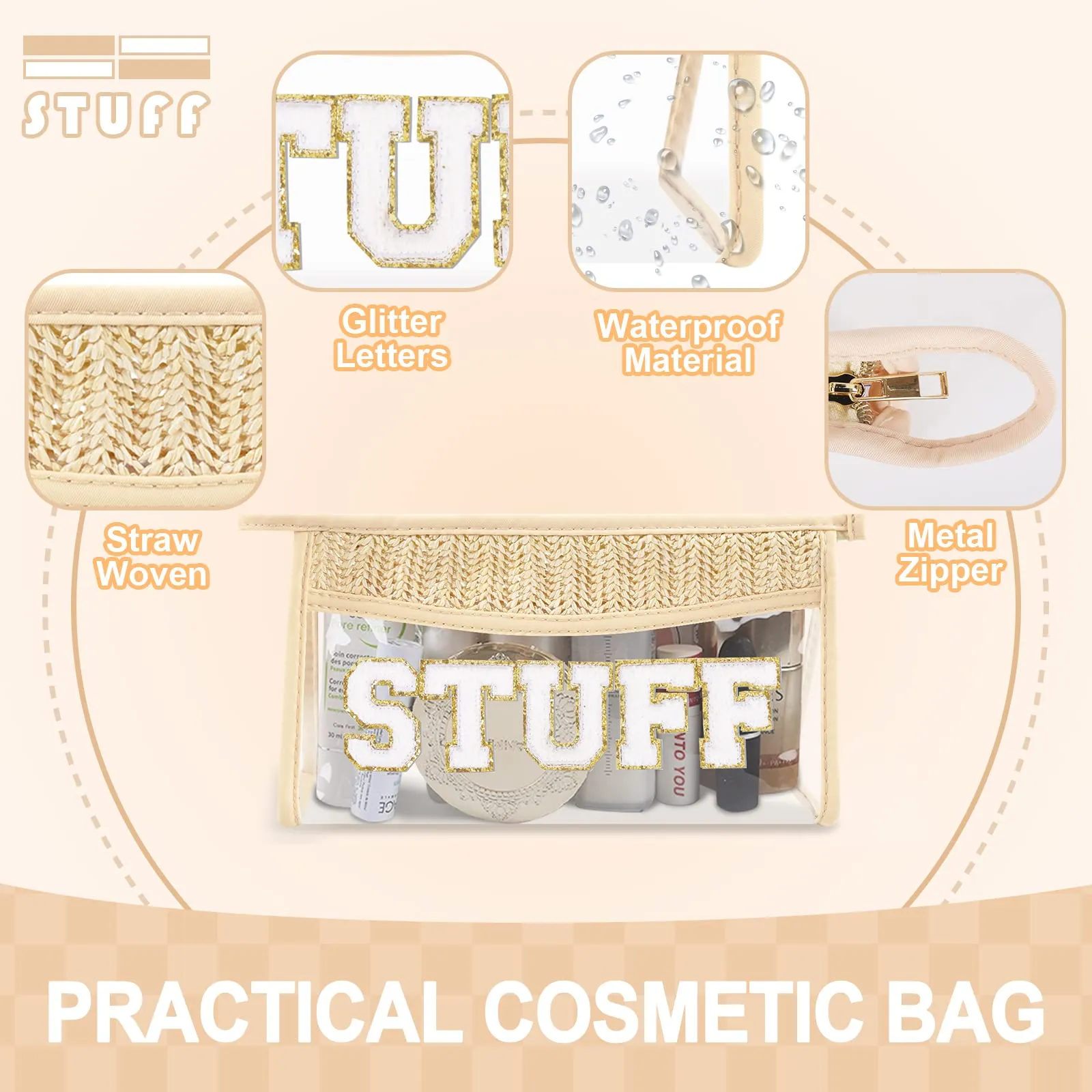 Small Boho Straw Clear Stuff Makeup Bags for Women&Girls, Zipper Cosmetic Bag Chenille Varsity Letter Patch Bag, Preppy Cute Toiletry Pouch, Trendy Organizer Storage Bag for Beach Travel Essentials