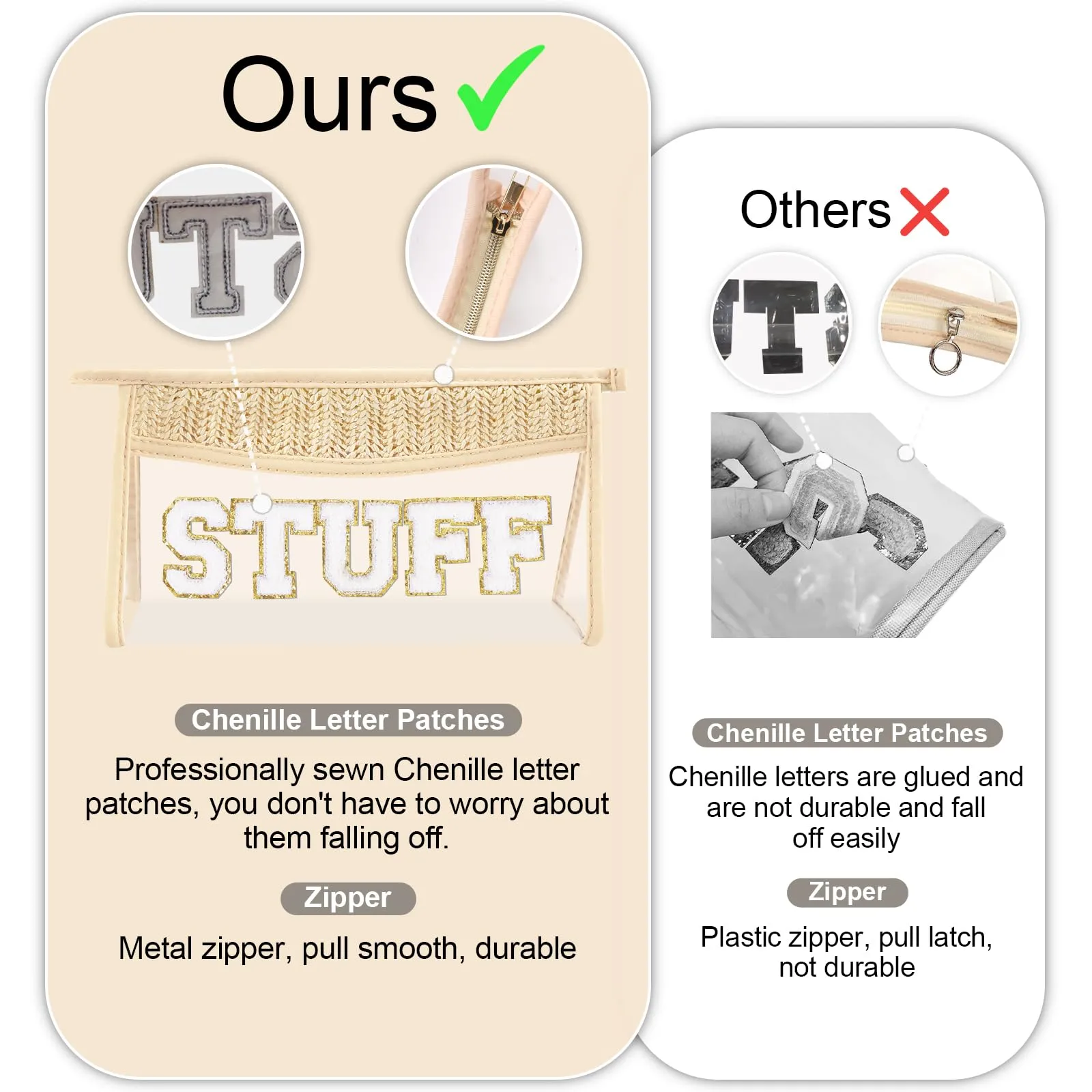 Small Boho Straw Clear Stuff Makeup Bags for Women&Girls, Zipper Cosmetic Bag Chenille Varsity Letter Patch Bag, Preppy Cute Toiletry Pouch, Trendy Organizer Storage Bag for Beach Travel Essentials