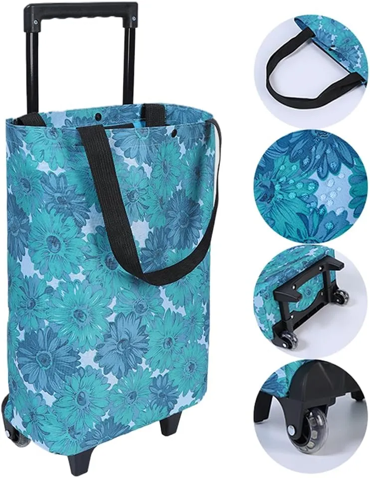 Small Collapsible Shopping Cart for Grocery Store, Lightweight Foldable Design with Wheels, Portable Compact Trolley for Women (Flower)