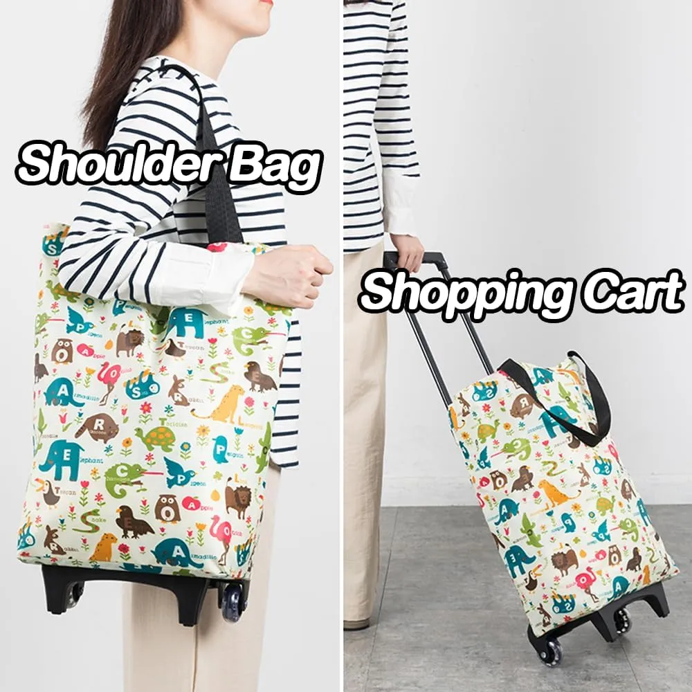 Small Collapsible Shopping Cart for Grocery Store, Lightweight Foldable Design with Wheels, Portable Compact Trolley for Women (Flower)