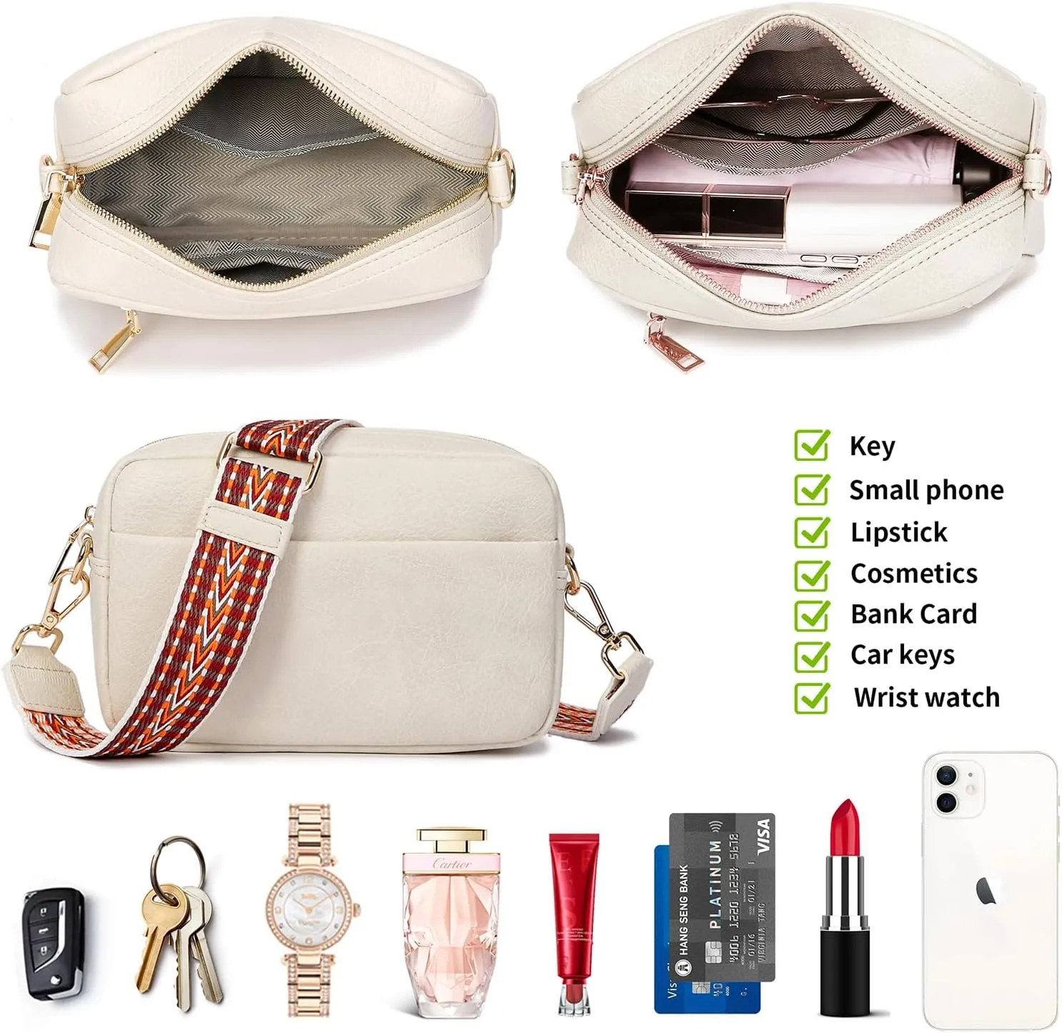Small Crossbody Bag with Wide Guitar Strap Camera Purse Shoulder Handbag Satchel