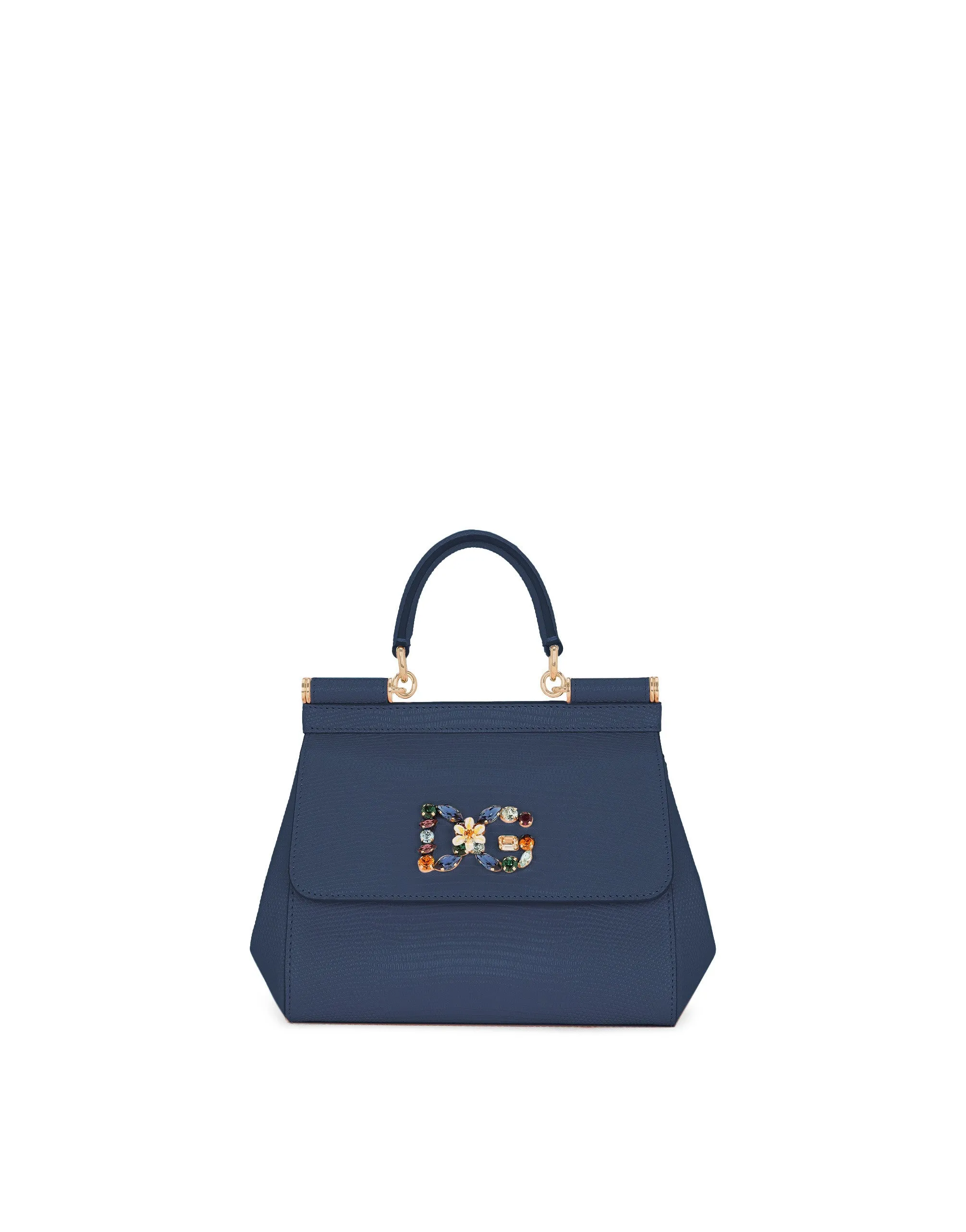 Small Sicily handbag in iguana print calfskin with DG logo crystals