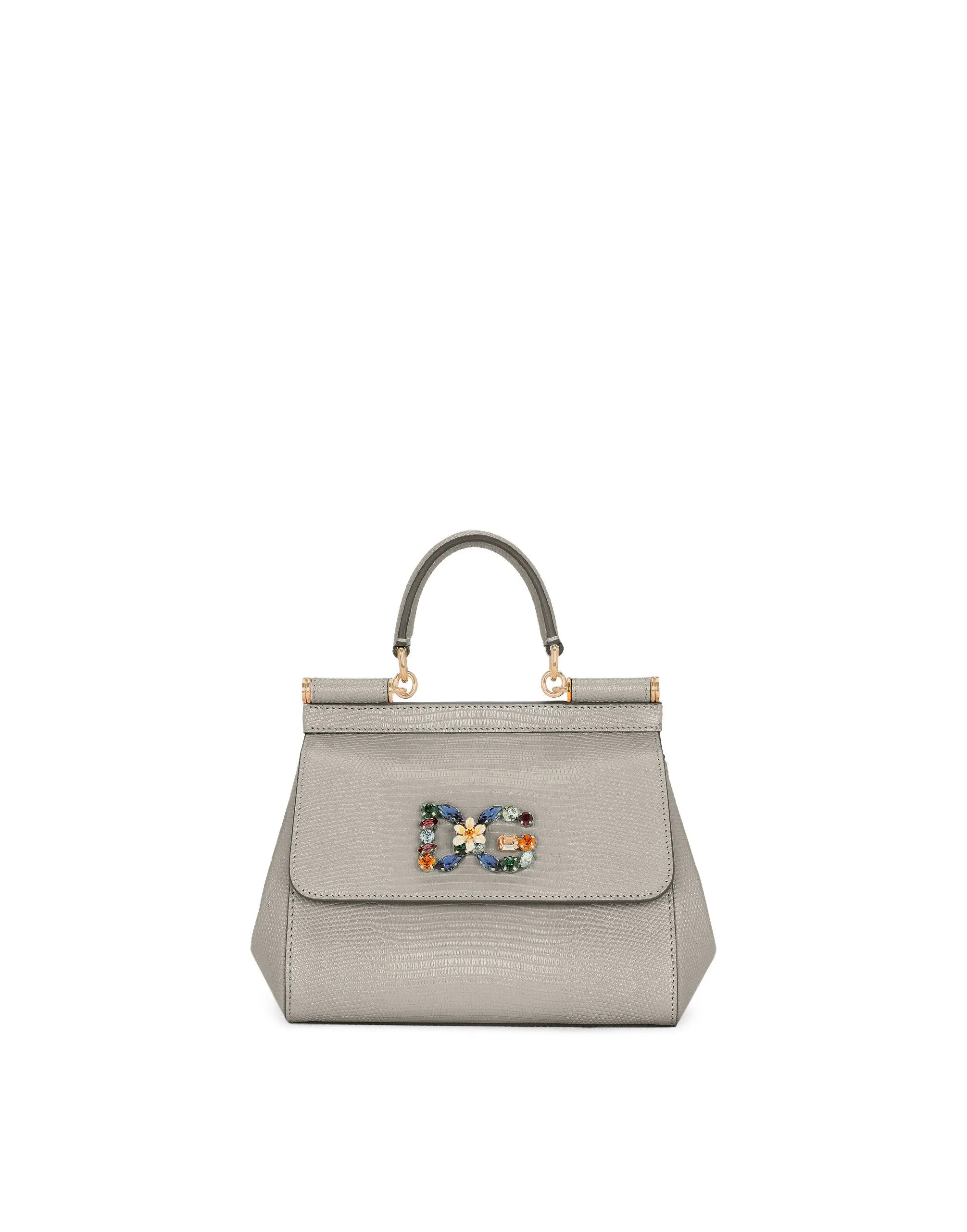 Small Sicily handbag in iguana print calfskin with DG logo crystals