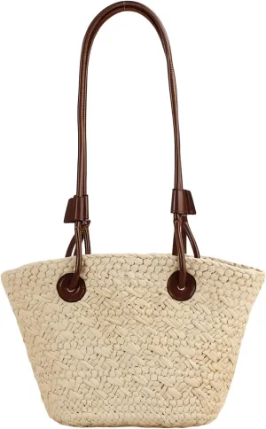 Small Straw Basket Handbag for Women PU Leather handle Handmade Woven Summer Beach Shoulder Bag