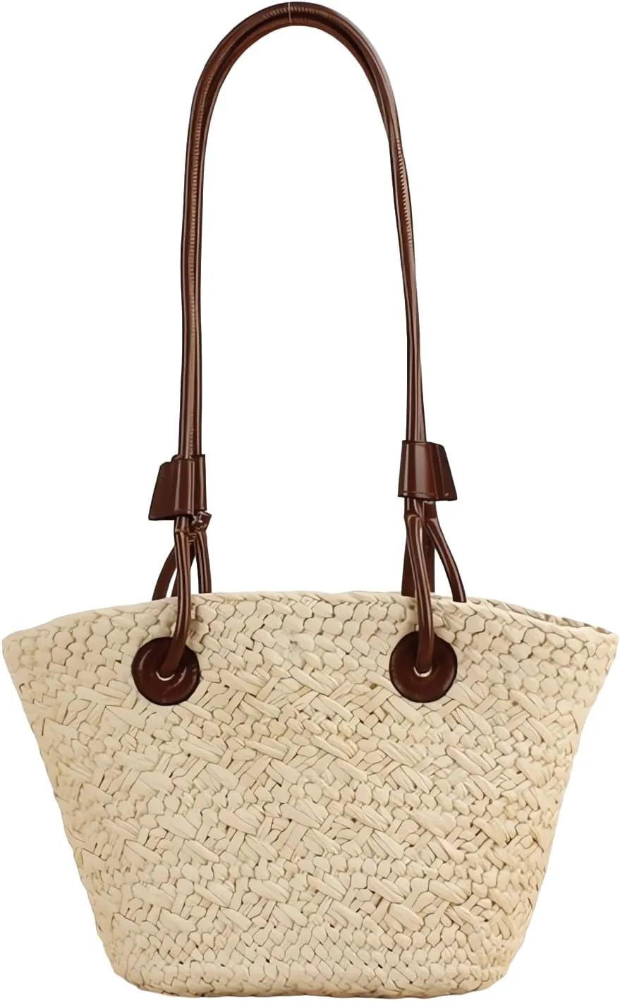 Small Straw Basket Handbag for Women PU Leather handle Handmade Woven Summer Beach Shoulder Bag