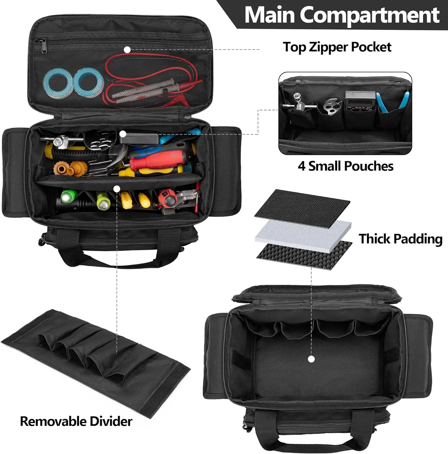 Small Tool Bag with Anti-friction and Thick Padded Bottom, Tool Storage Organizer for Men, Tactical Bag, Range Bag, Multi-functional Work Tote for Repairman, Electrician, Carpenters, Handyman