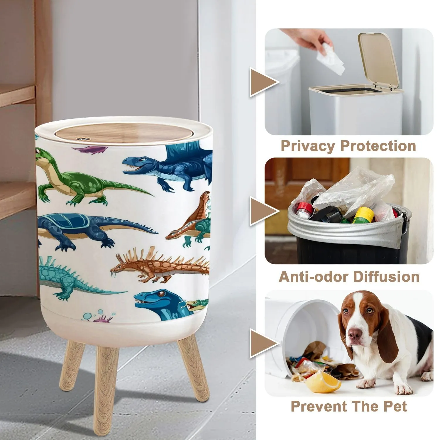Small Trash Can with Lid Cartoon dinosaurs personages seamless pattern Extinct ocean dinosaurs 1.8 Gallon/7L Garbage Can Waste Bin with Press Top Lid Legs Waste Basket for Bathroom Kitchen Bedroom