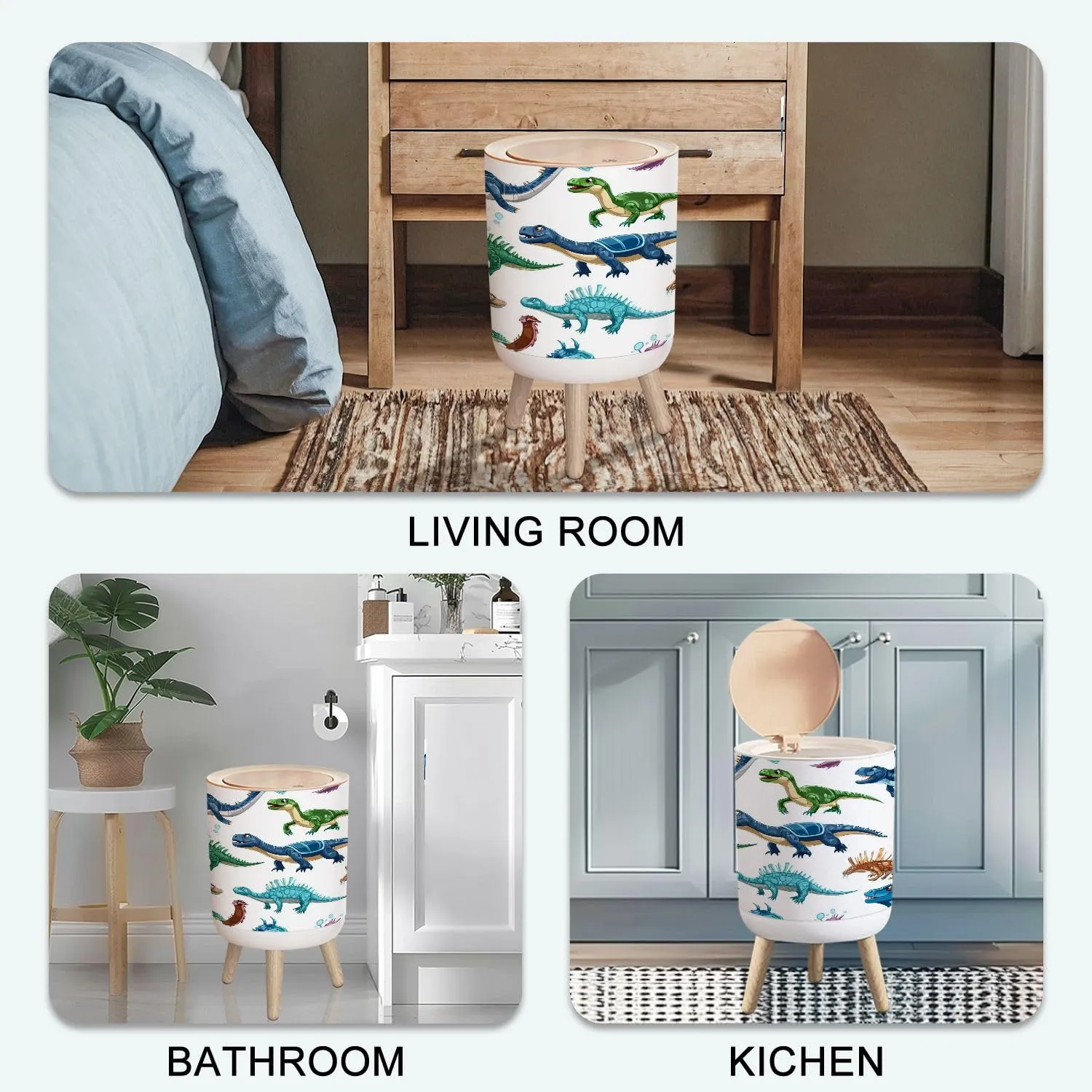 Small Trash Can with Lid Cartoon dinosaurs personages seamless pattern Extinct ocean dinosaurs 1.8 Gallon/7L Garbage Can Waste Bin with Press Top Lid Legs Waste Basket for Bathroom Kitchen Bedroom