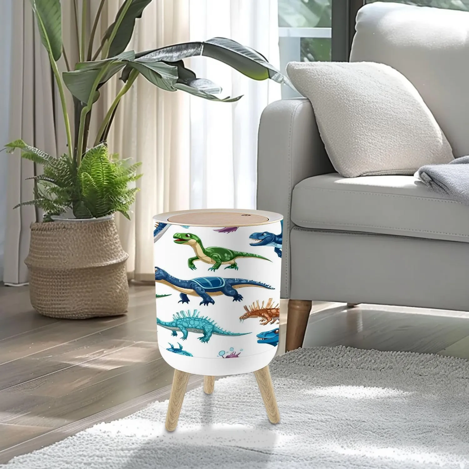 Small Trash Can with Lid Cartoon dinosaurs personages seamless pattern Extinct ocean dinosaurs 1.8 Gallon/7L Garbage Can Waste Bin with Press Top Lid Legs Waste Basket for Bathroom Kitchen Bedroom