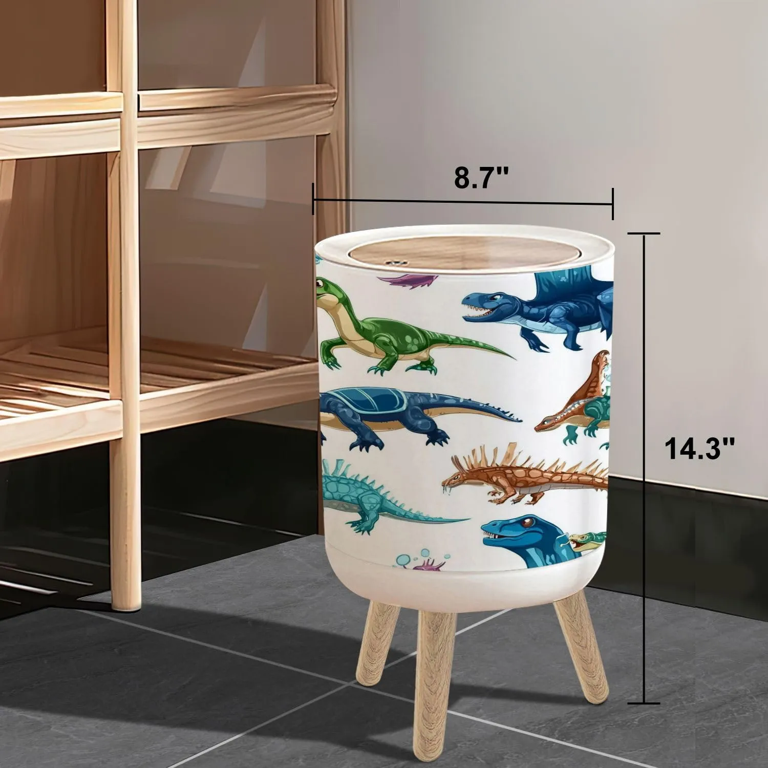 Small Trash Can with Lid Cartoon dinosaurs personages seamless pattern Extinct ocean dinosaurs 1.8 Gallon/7L Garbage Can Waste Bin with Press Top Lid Legs Waste Basket for Bathroom Kitchen Bedroom