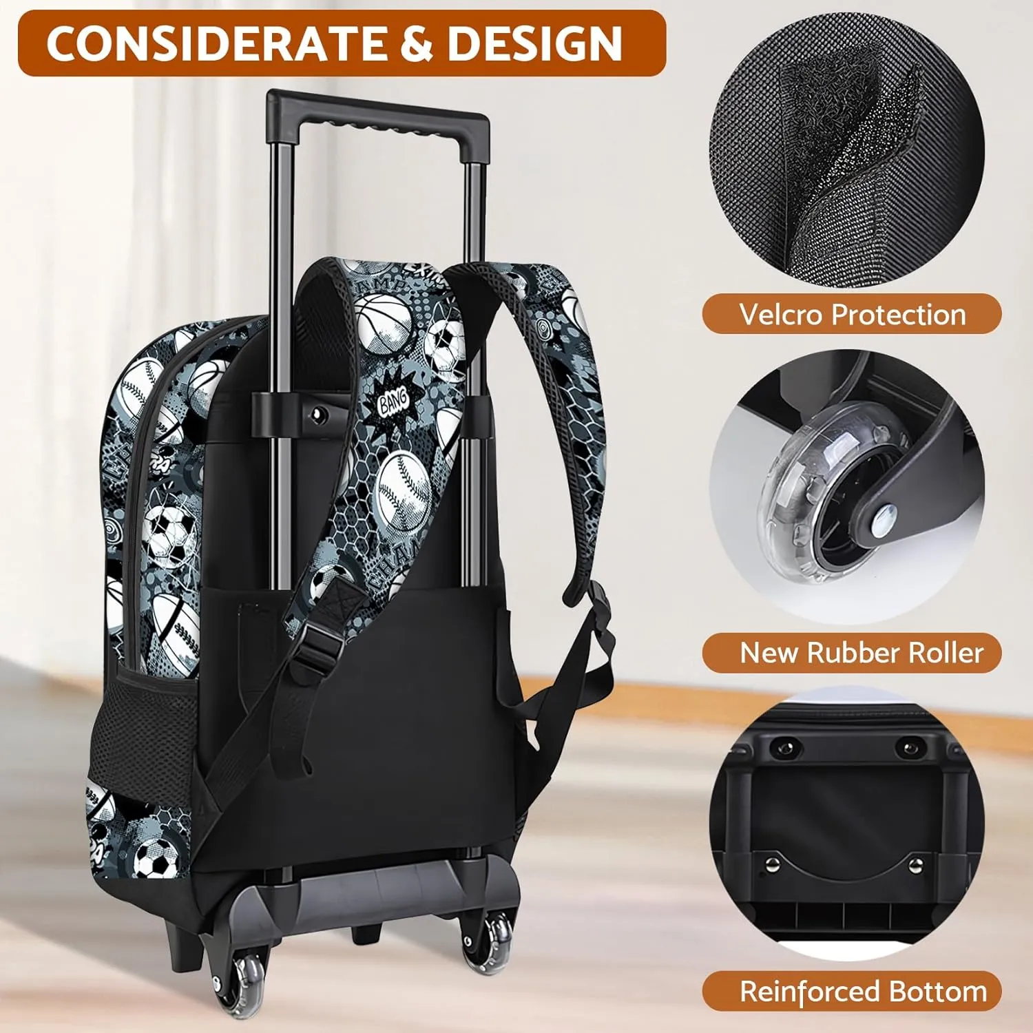 Soccer Rolling Backpack for Boys - 3PCS Boys Rolling Backpack with Lunch Box Set for Kids Children Teens Elementary Middle School,Sport Roller Bookbag with Wheels for Age 6-18