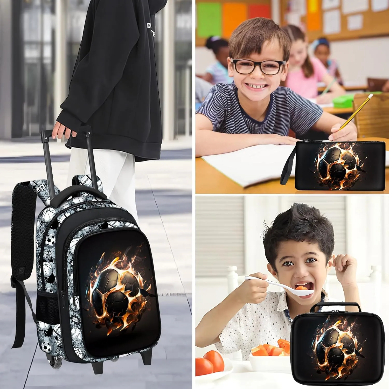 Soccer Rolling Backpack for Boys - 3PCS Boys Rolling Backpack with Lunch Box Set for Kids Children Teens Elementary Middle School,Sport Roller Bookbag with Wheels for Age 6-18