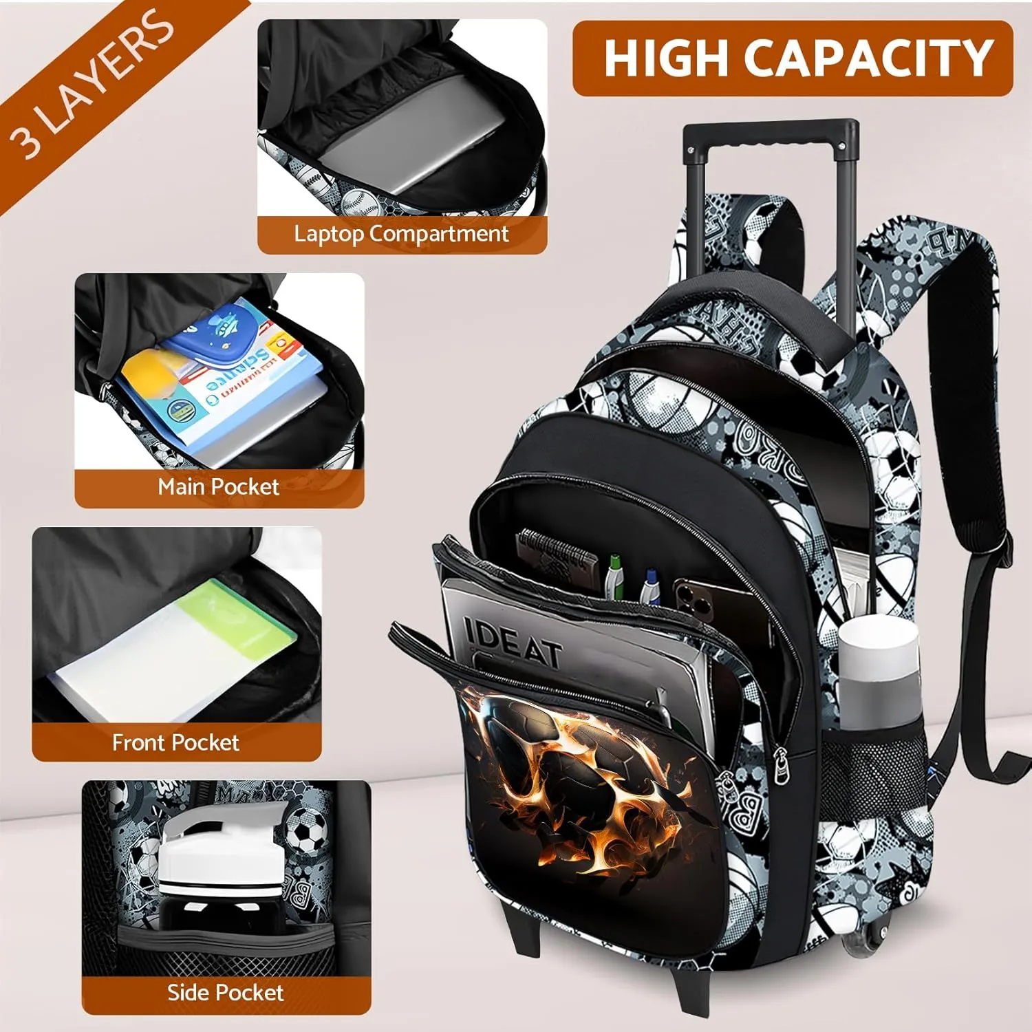 Soccer Rolling Backpack for Boys - 3PCS Boys Rolling Backpack with Lunch Box Set for Kids Children Teens Elementary Middle School,Sport Roller Bookbag with Wheels for Age 6-18