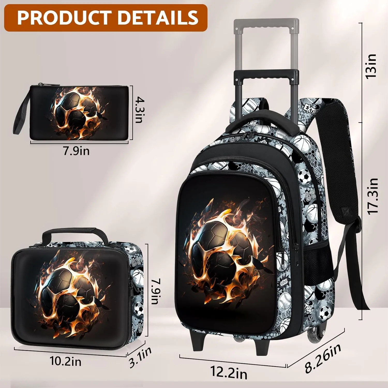 Soccer Rolling Backpack for Boys - 3PCS Boys Rolling Backpack with Lunch Box Set for Kids Children Teens Elementary Middle School,Sport Roller Bookbag with Wheels for Age 6-18